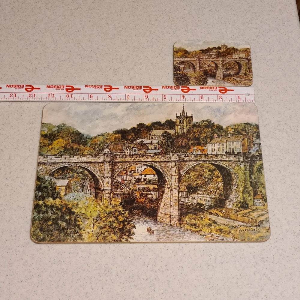 Scenic Bridge Design Dinning Place Setting With Matching Coaster Set